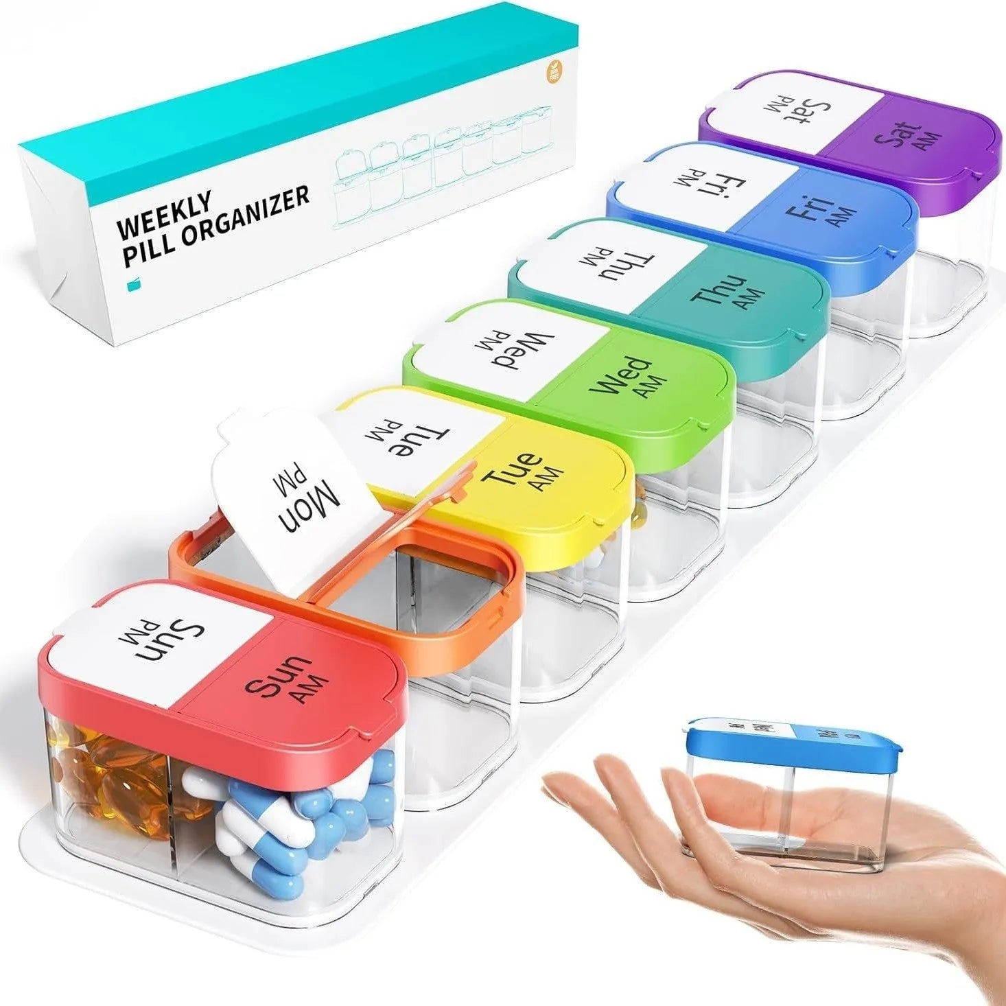 Extra large white portable pill box with 14 removable compartments for medication organisation