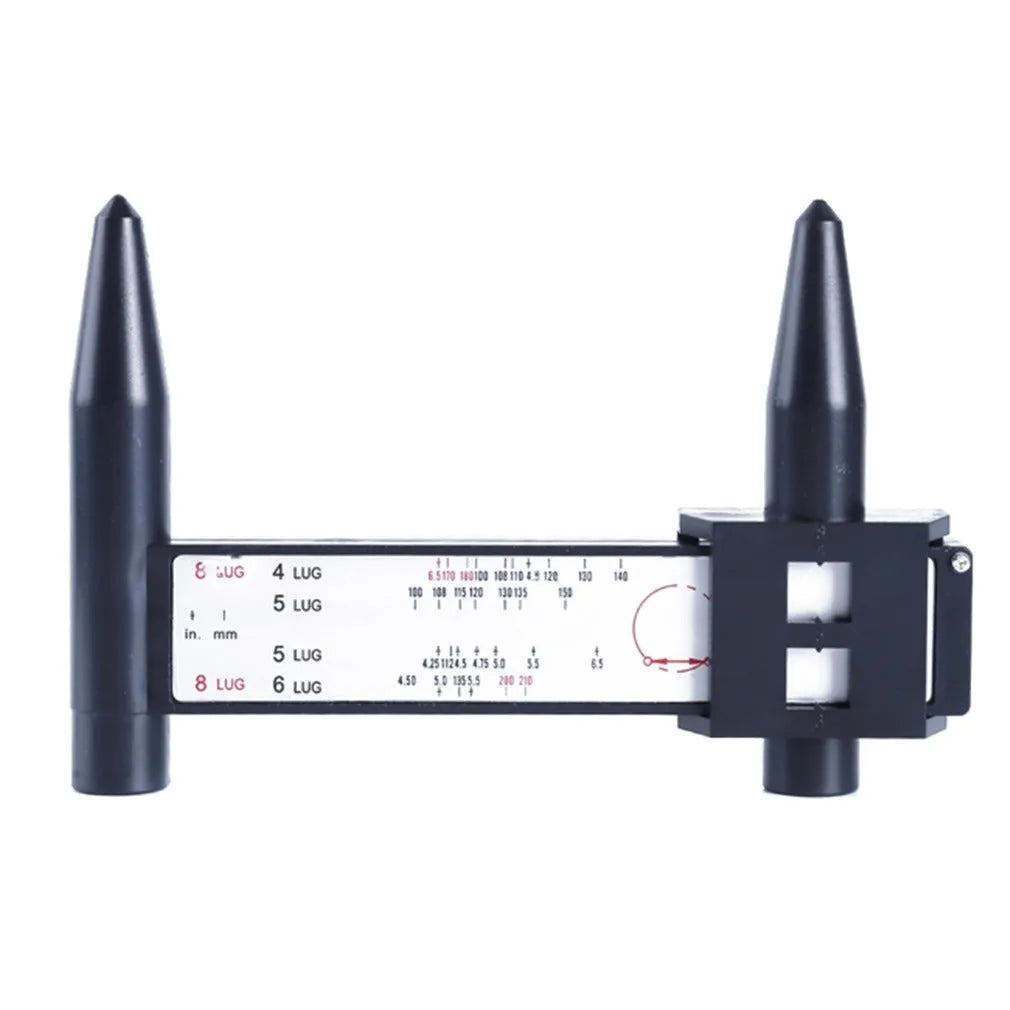 Digital electronic caliper hole distance measuring tool made from black plastic on a white background.