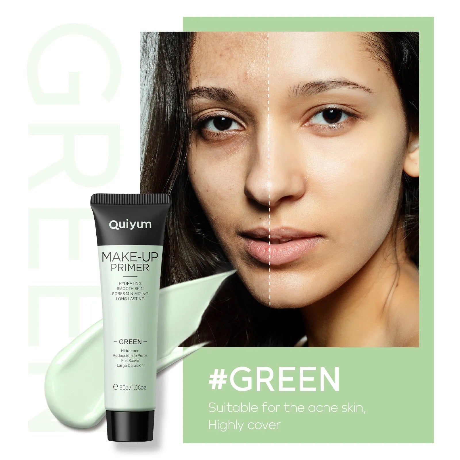 Colour-correcting makeup primer base cream in purple, pink, and green shades, 30g