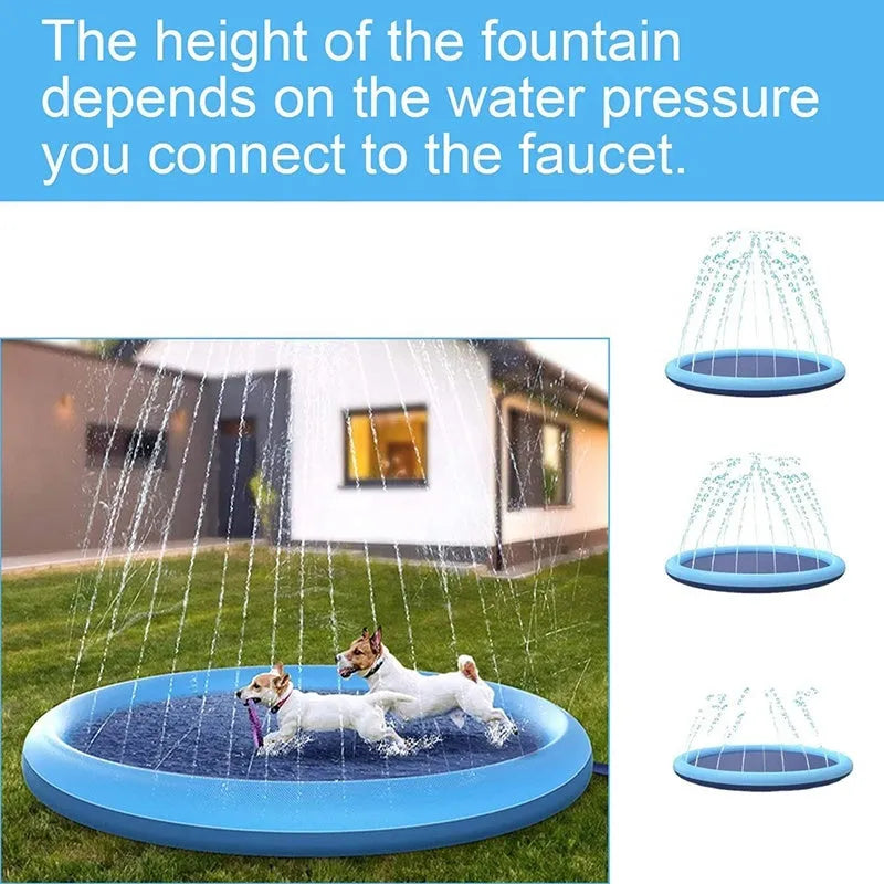 Large blue dog splash pad with textured anti-slip base on grass, with a dog playing in the shallow water.