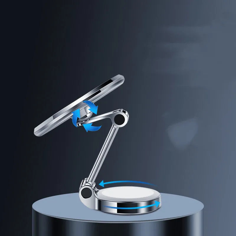 Car dashboard mobile phone holder with flexible clip and magnetic adhesive mount in black or silver.