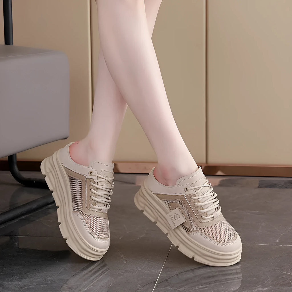 Women's mesh half slippers in black, khaki and white with round toe and rubber sole