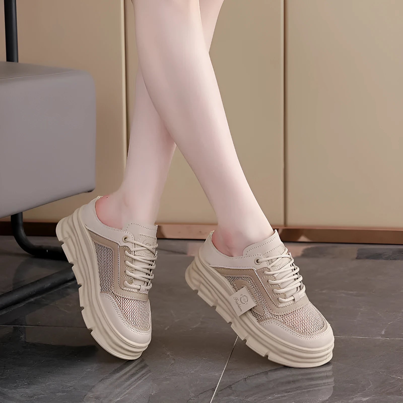 Women's mesh half slippers in black, khaki and white with round toe and rubber sole