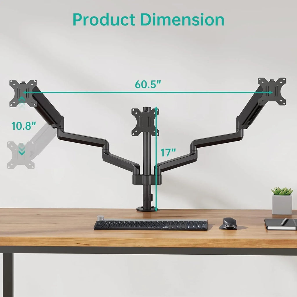 Black three-arm gas spring monitor mounting arm for 13-27 inch screens with aluminium alloy construction