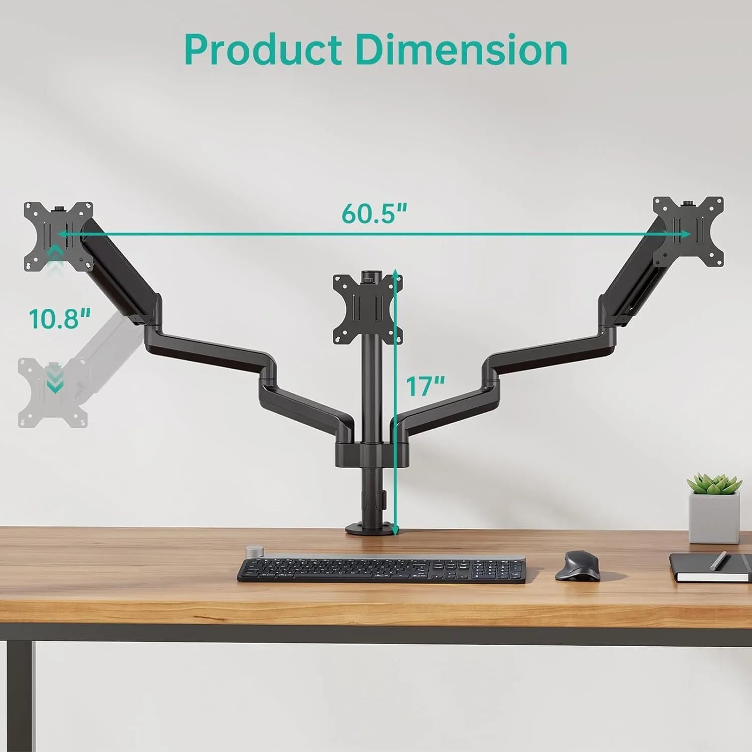 Black three-arm gas spring monitor mounting arm for 13-27 inch screens with aluminium alloy construction
