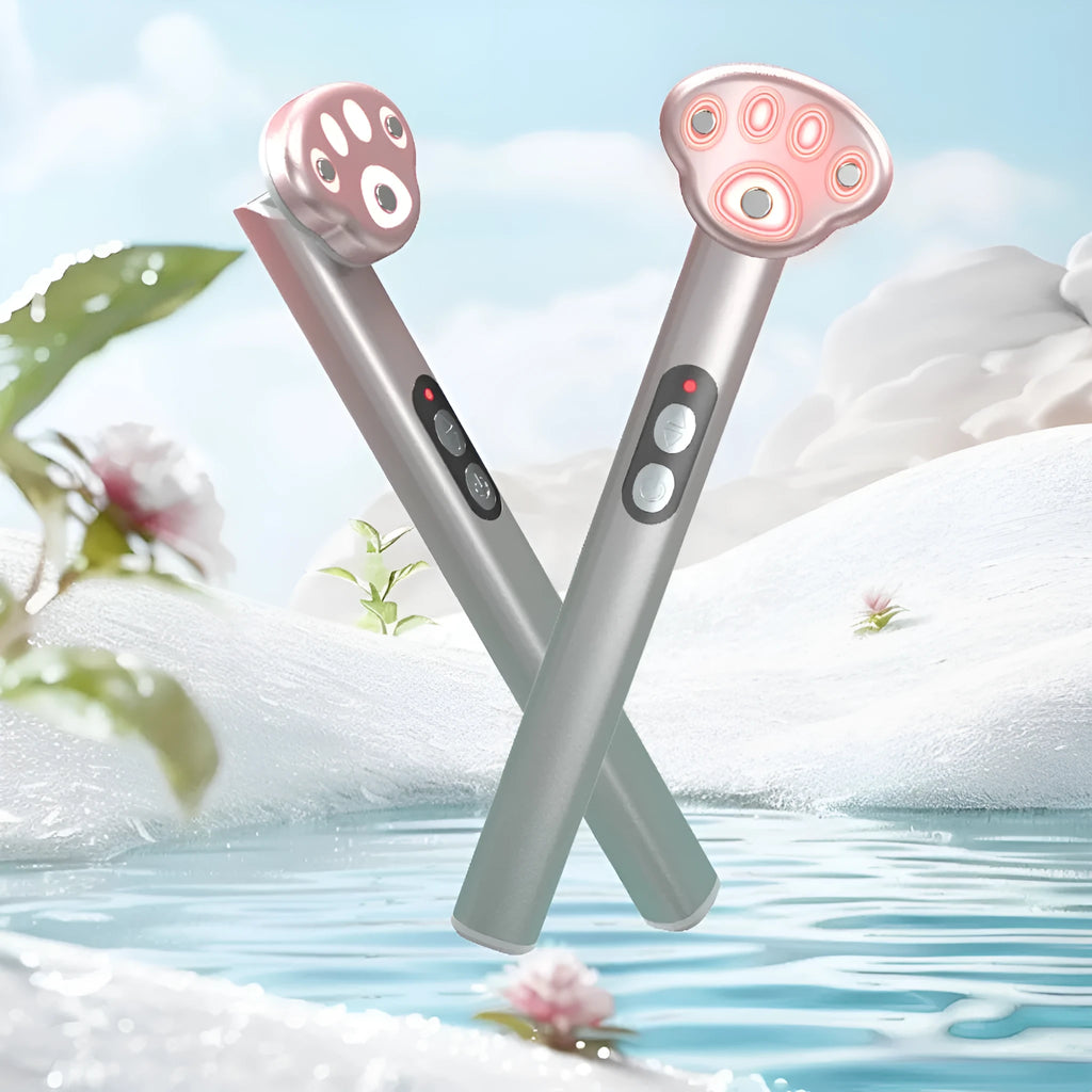 Gradient pink cat's paw eye massager with micro-current vibration and coloured light function