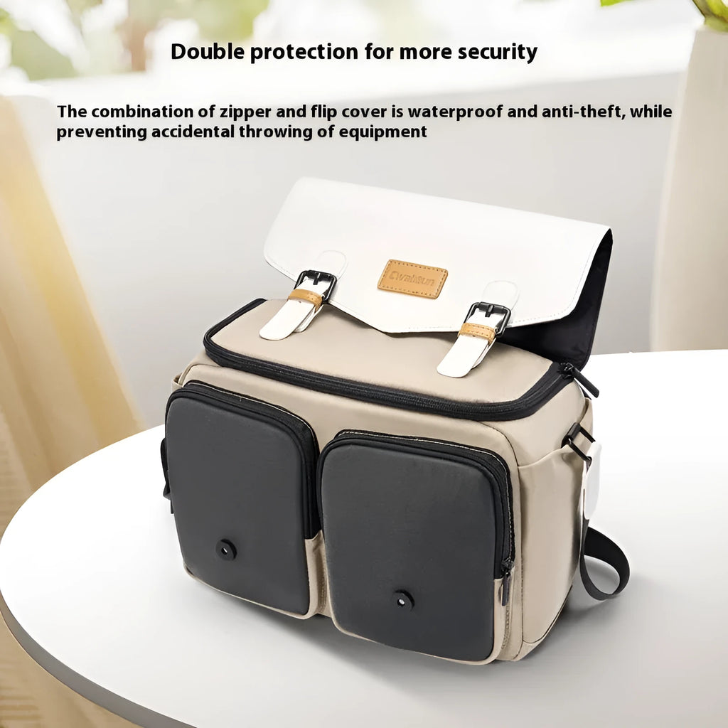 Japanese one-shoulder camera bag in solid colour, with physiological curve backplane and anti-scratch compartments
