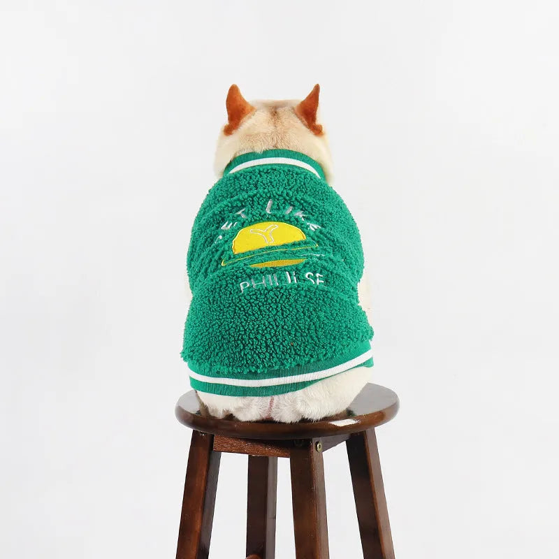 Green fleece-lined cotton dog winter coat showing size options L to 4XL