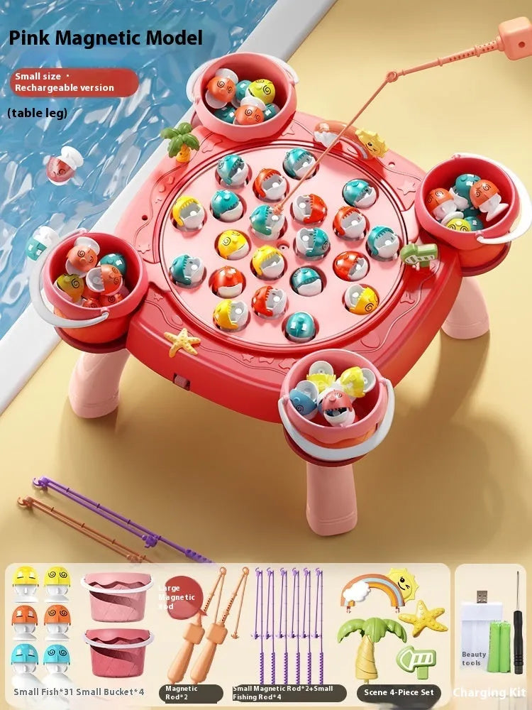 Baby educational magnetic fishing toy set with 8 poles, 4 barrels, and 31 colourful fish