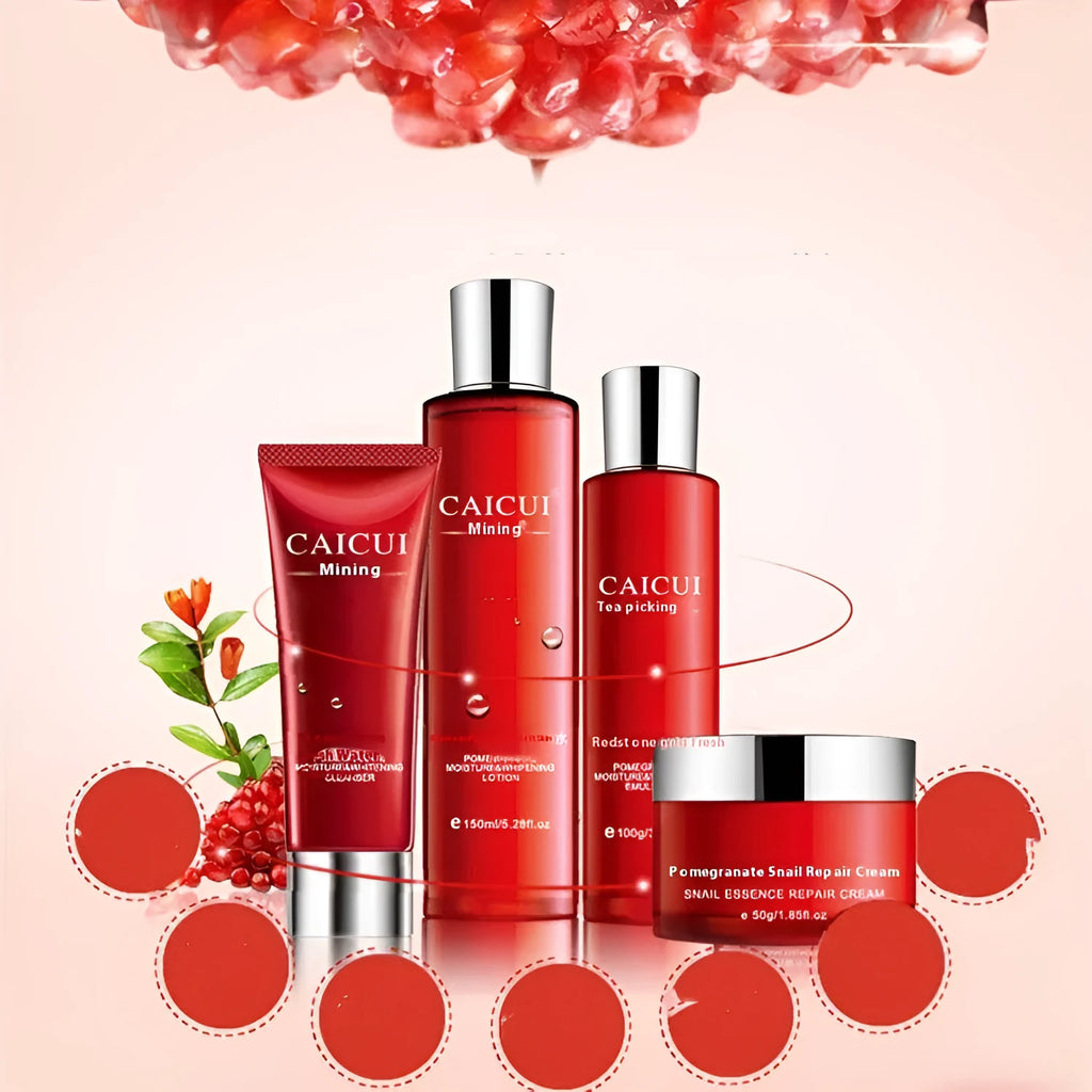 Pomegranate skincare set showing four red bottles: face wash, toner, lotion, and facial cream