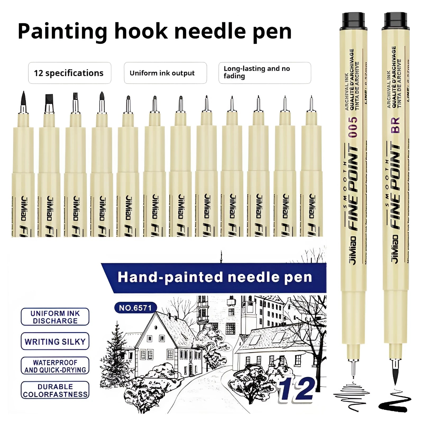 Black waterproof needle pen with syringe cartoon illustration, 133mm plastic body.