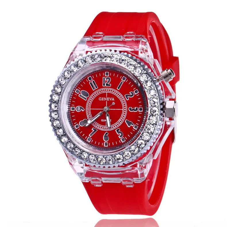 Geneva women's LED luminous quartz watch with silicone strap and round 43mm dial