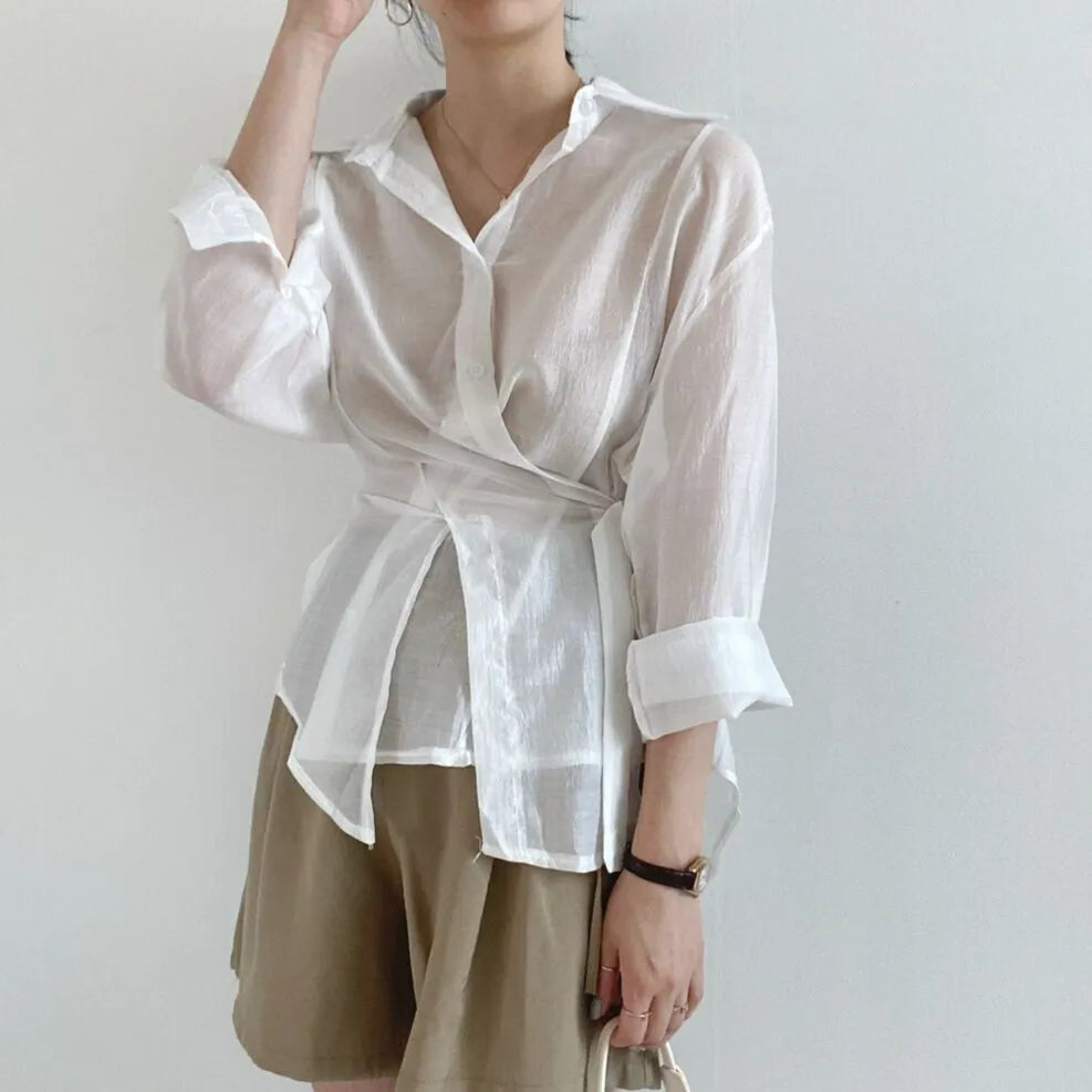 Irregular buckle lapel long sleeve shirt in smoky gray polyester fibre