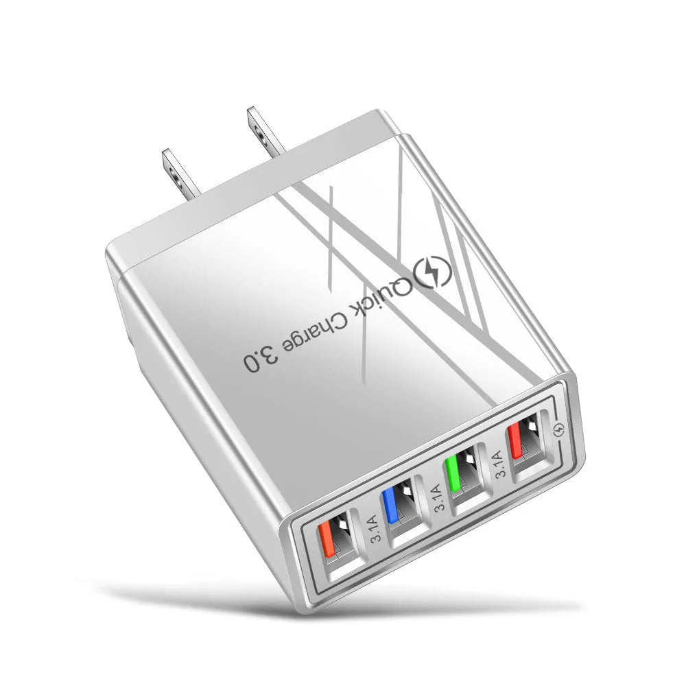 Four-port USB wall charger plug in multiple colours with European or British plug options
