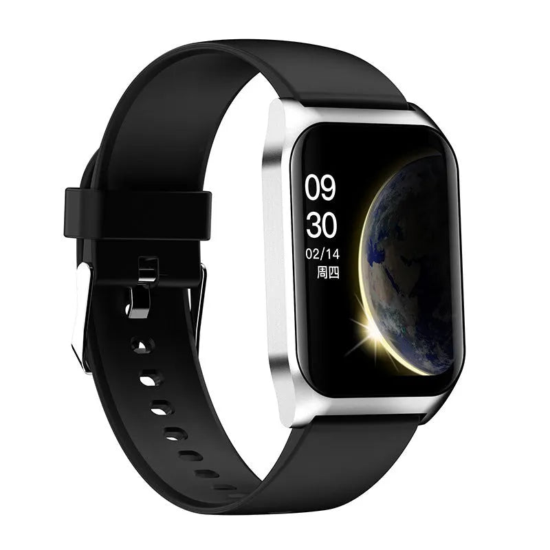 Black smartwatch with 1.69-inch screen showing heart rate display and Bluetooth connectivity