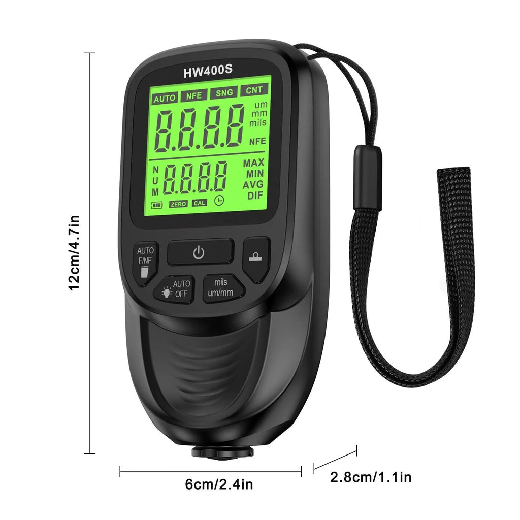 Hw-400s high precision coating thickness gauge in black ABS with LCD display, 142x68x53mm