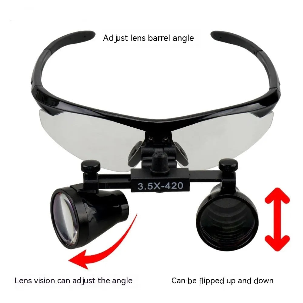 Black head-mounted dental magnifying glasses with LED headlight on adjustable plastic frame