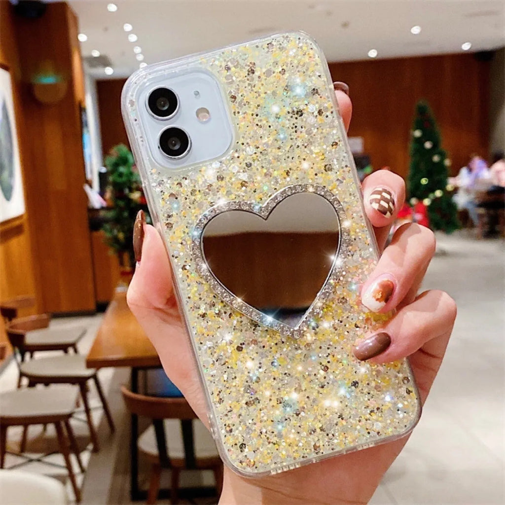 Epoxy mirror heart shape rhinestone phone case for Apple iPhone with glitter gold finish