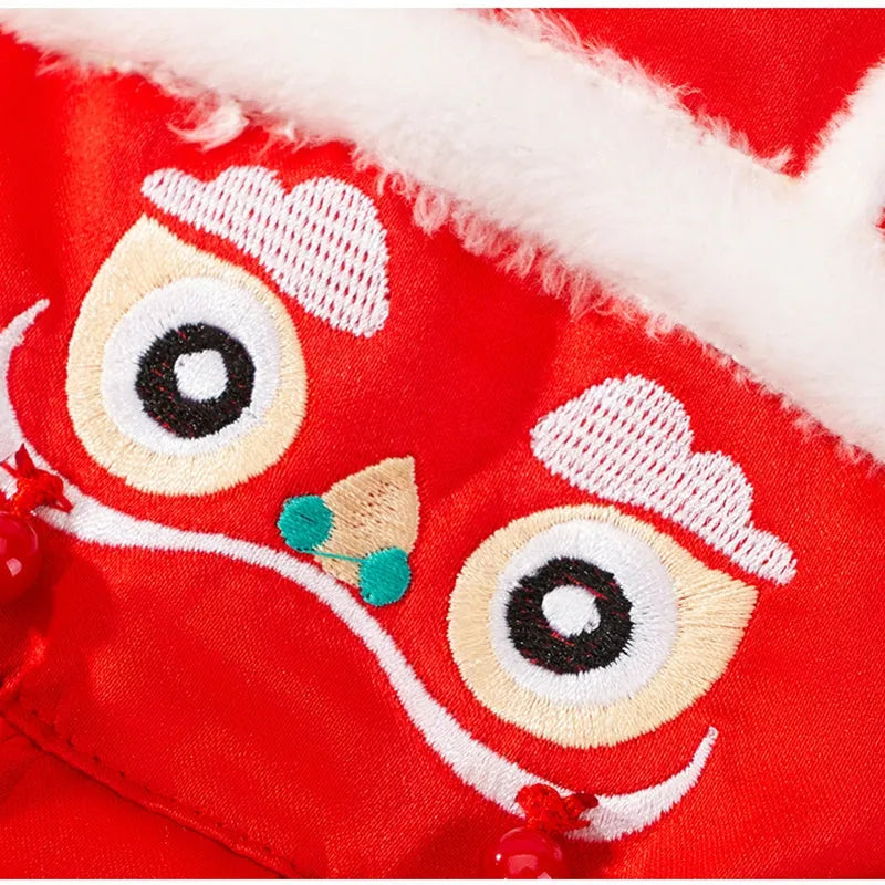 Lion Dance Pet Outfit red cotton-padded dog costume with embroidery and tassels for New Year
