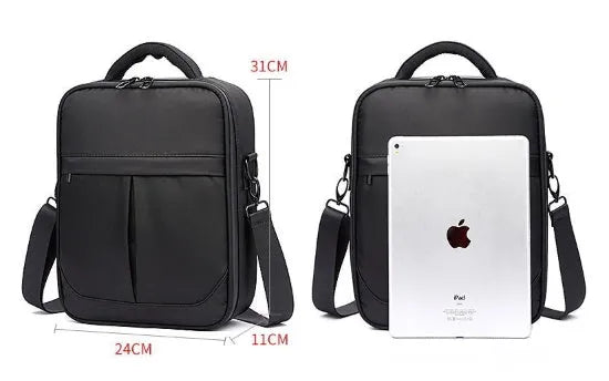 Black men's oxford fabric messenger bag showing its crossbody style and proportions.