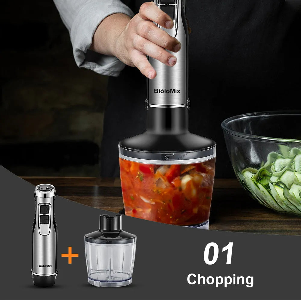 Biolomix 4-in-1 hand blender with stainless steel shaft, whisk, chopper bowl, and blending beaker in black