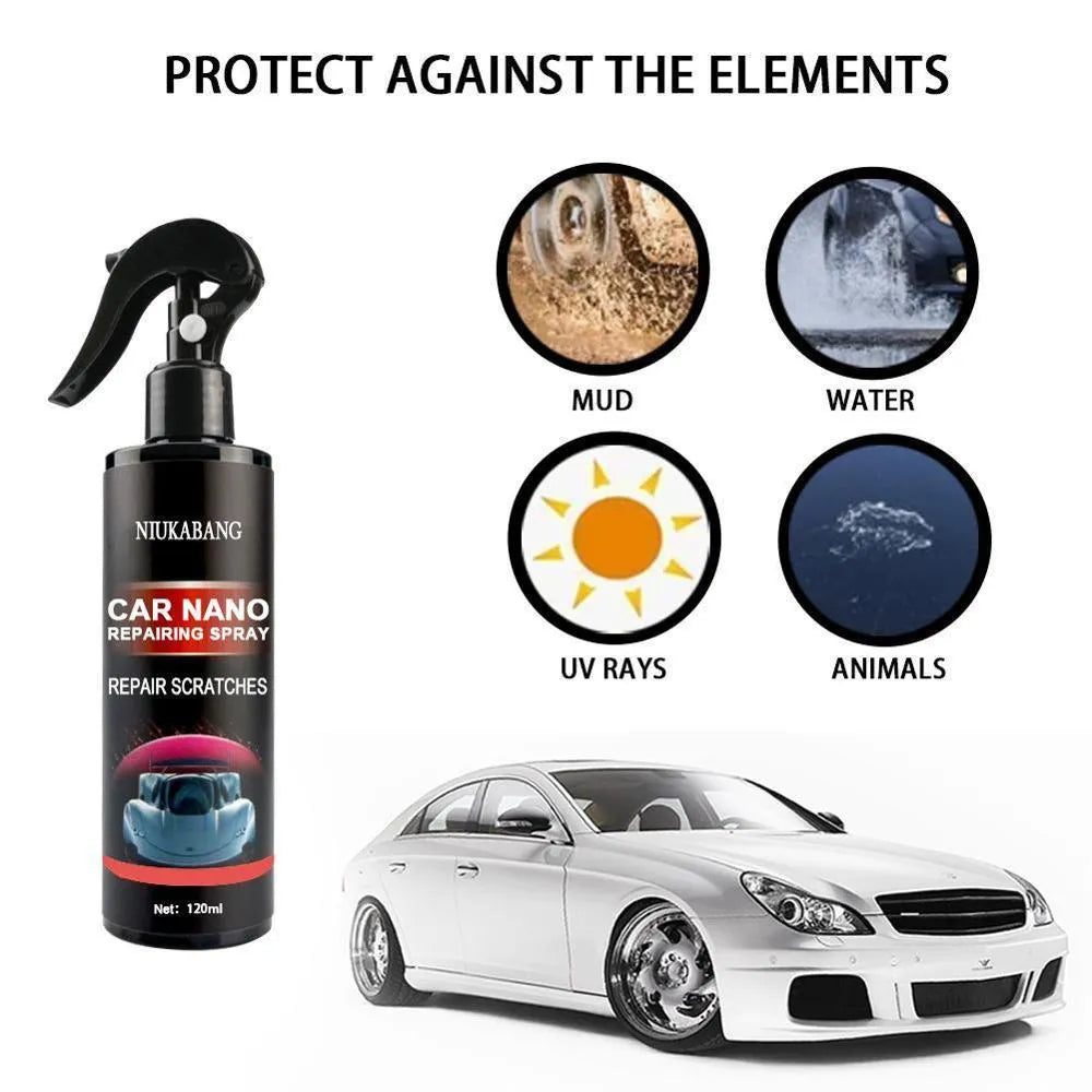 Nano car repairing spray bottle in 30ml, 50ml, 100ml, or 120ml size for light scratch and swirl removal on car paint.