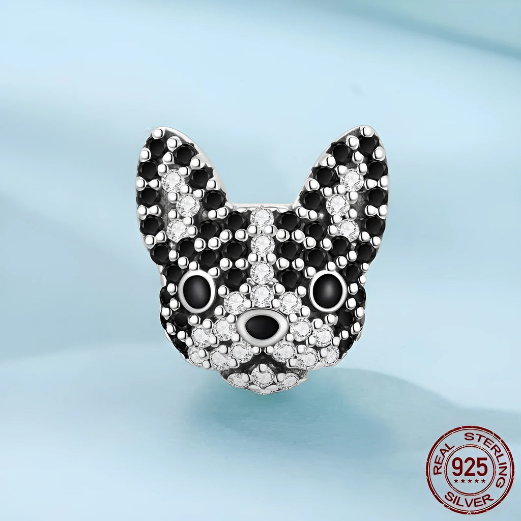 S925 sterling silver Boston dog bead with inlay finish, 1.2 cm height, silver colour