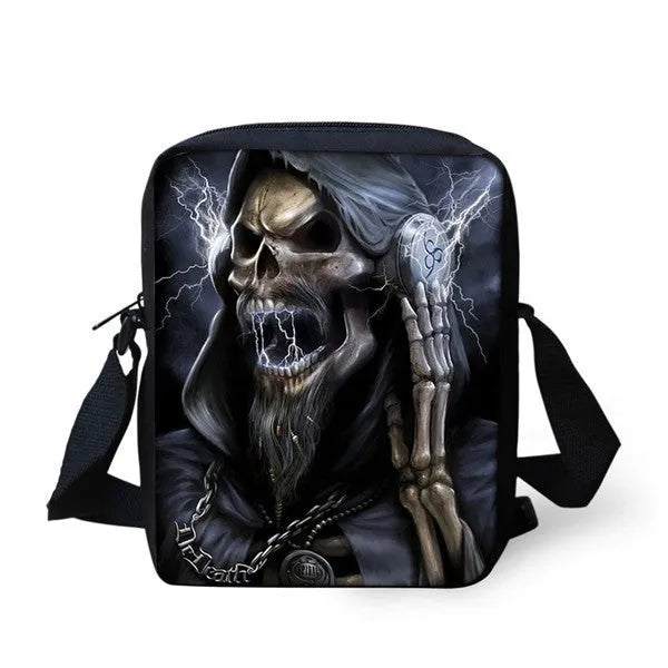 Medium-sized children's messenger bag with skull patterns in various colours showing double straps and zipper opening
