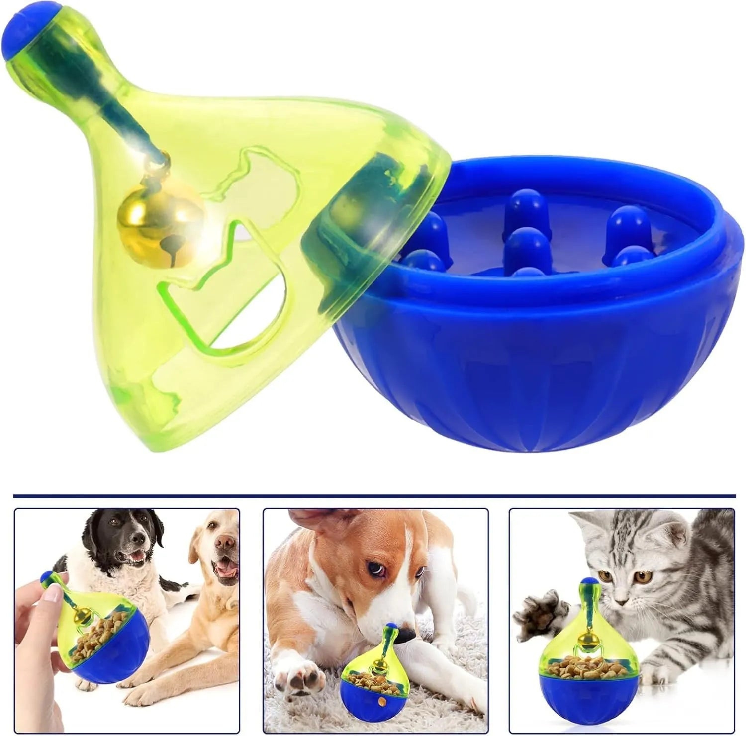 Tumbler-shaped pet treat dispenser toy for dogs and cats measuring 14cm