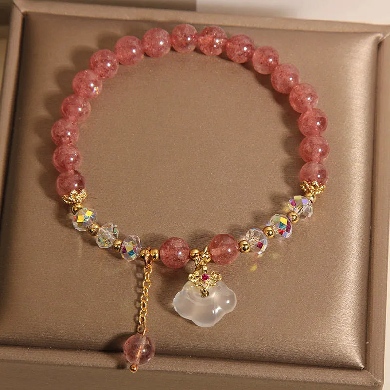 Women's natural bracelet with strawberry quartz, white agate beads, and auspicious cloud charms
