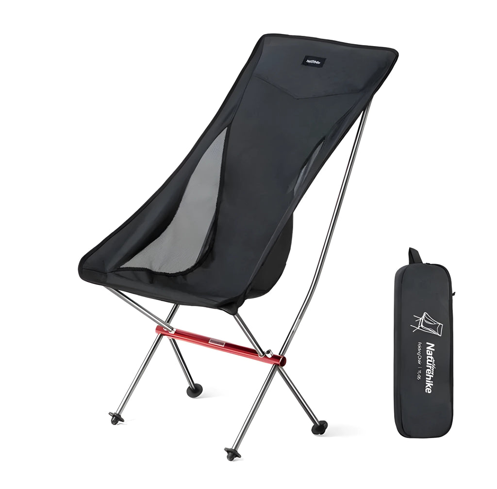 Portable ultralight camping chair in black with aluminium alloy frame folded