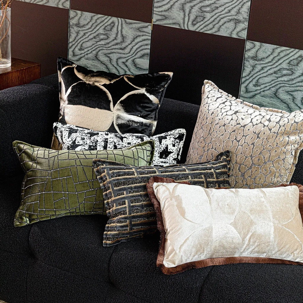 Abstract black and gold pattern decorative flannel cushion cover with zip, shown in three size options.