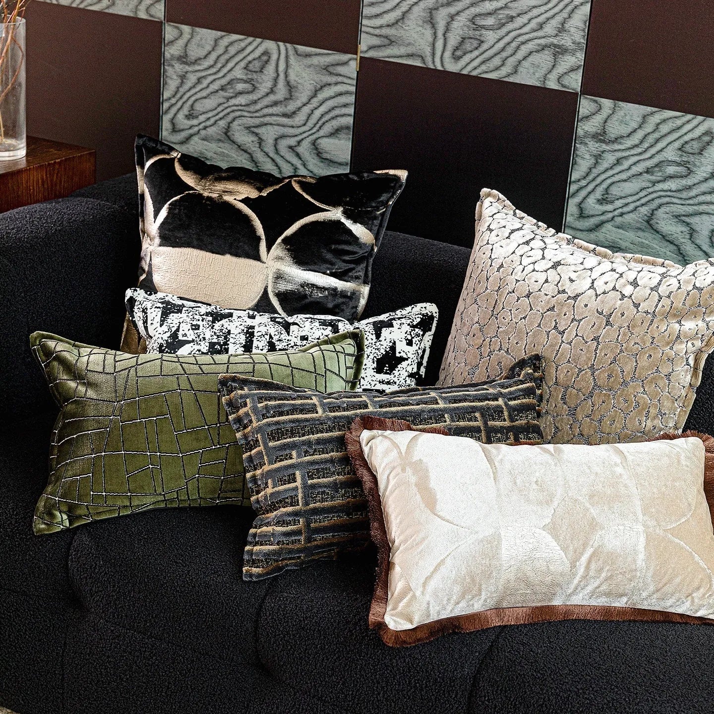 Abstract black and gold pattern decorative flannel cushion cover with zip, shown in three size options.