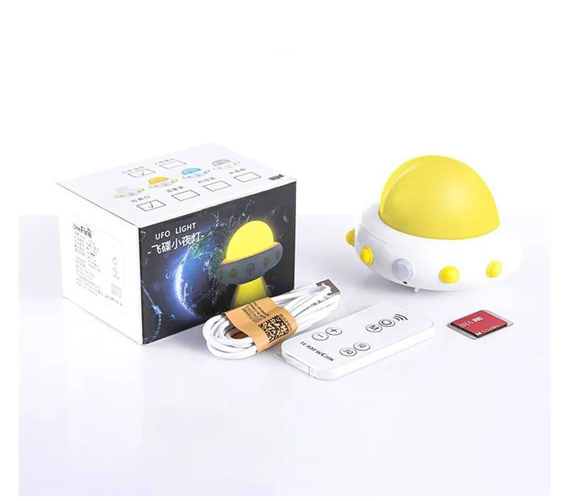 Remote control UFO shaped bedside night light in blue, pink, or white colour options