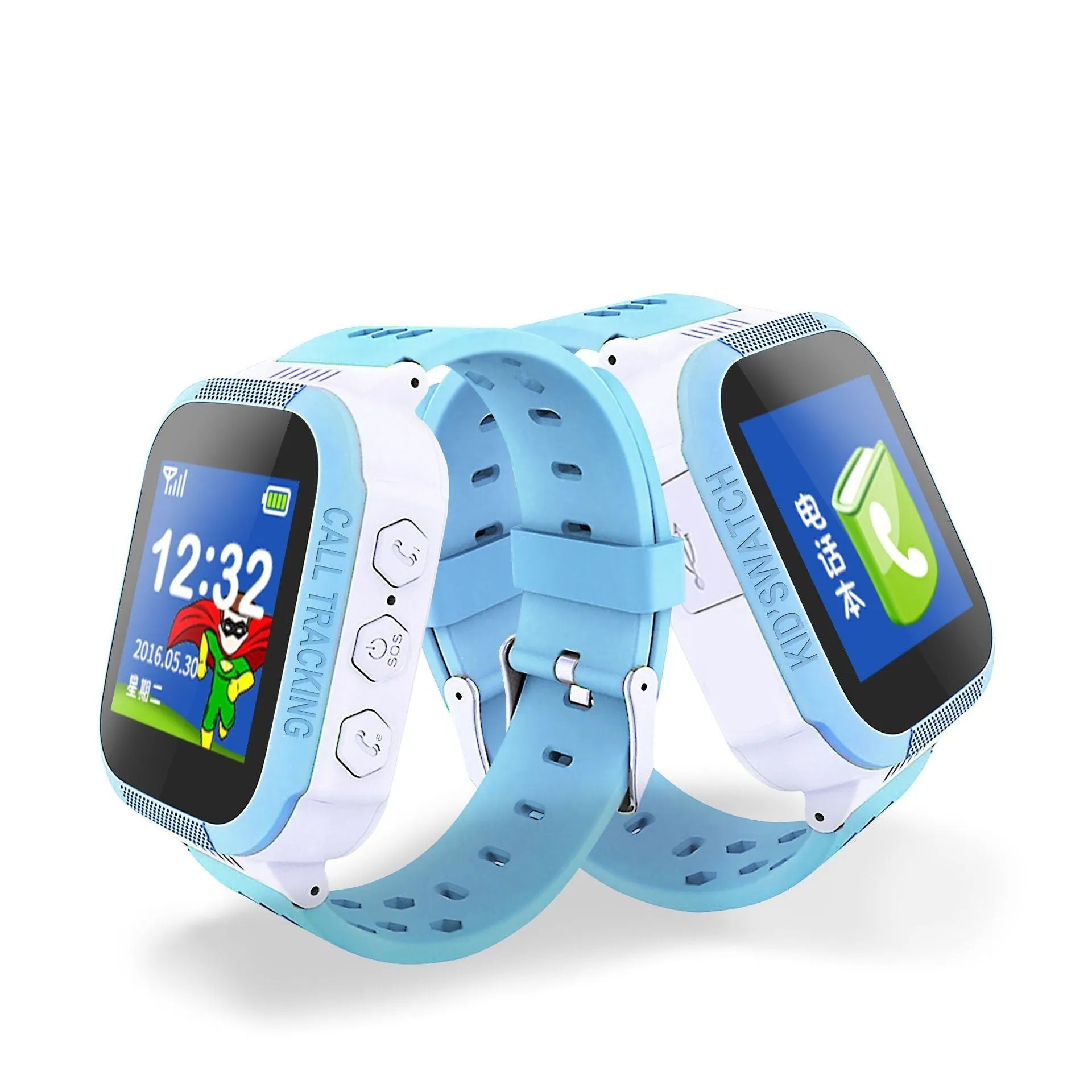 Blue and pink children's phone watch with 1.44-inch IPS screen showing interface
