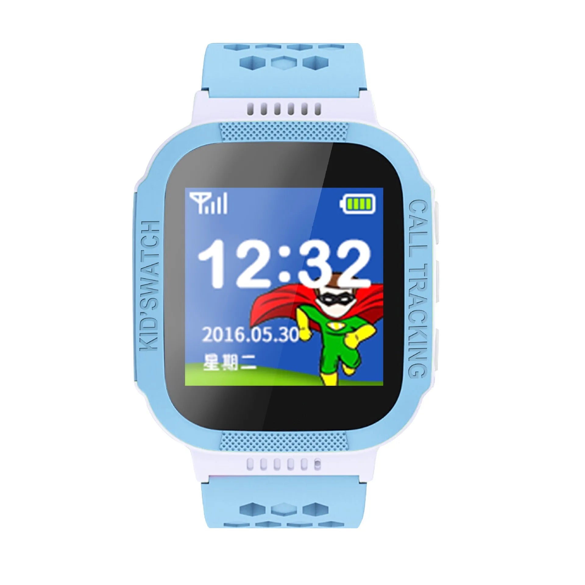 Blue and pink children's phone watch with 1.44-inch IPS screen showing interface