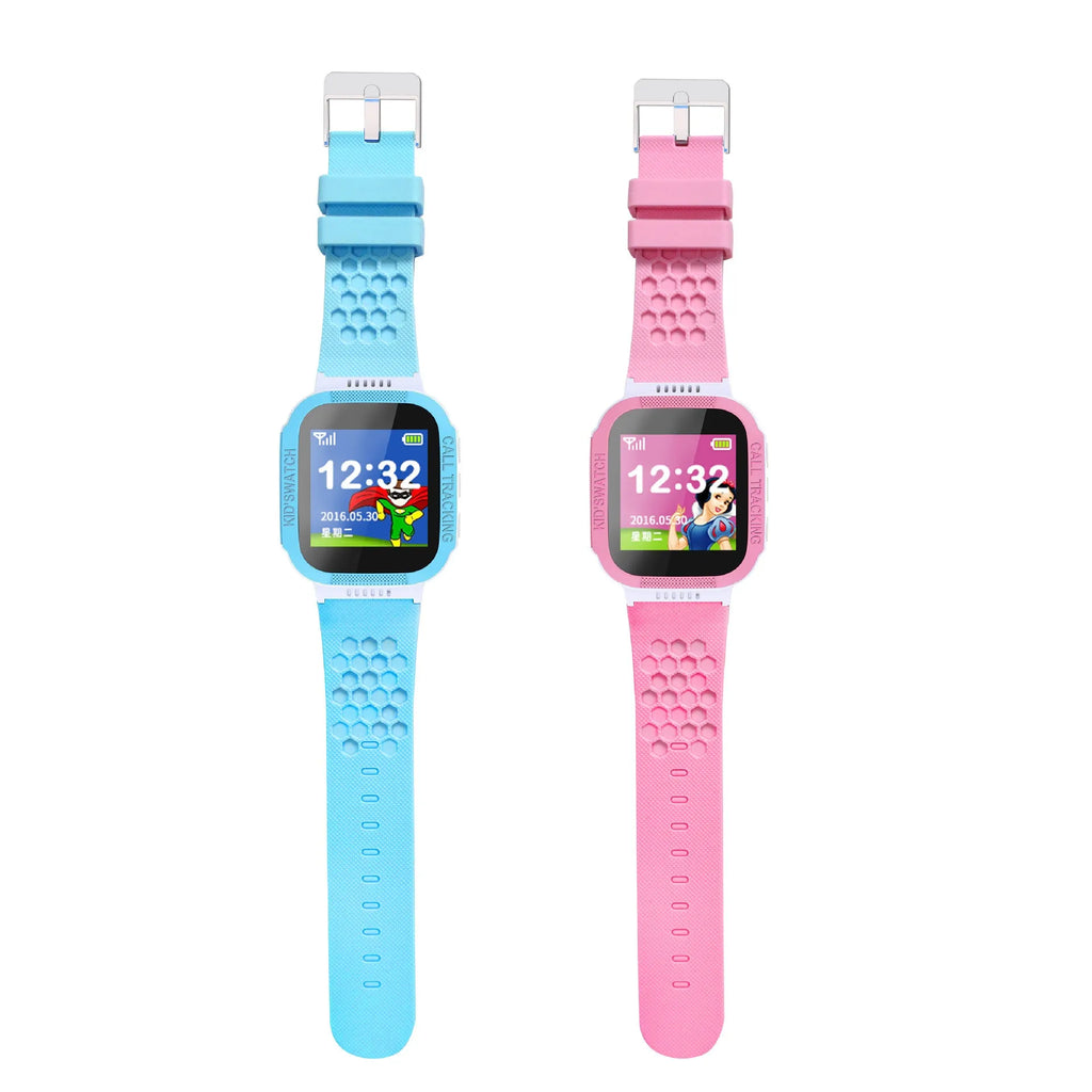 Blue and pink children's phone watch with 1.44-inch IPS screen showing interface