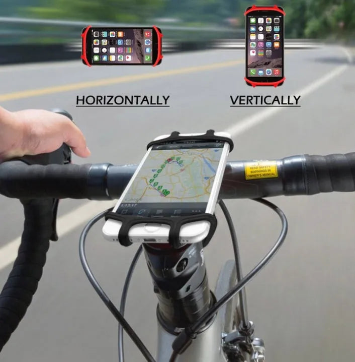 Silicone bicycle mobile phone bracket in black, mounted on handlebar, holding a smartphone vertically