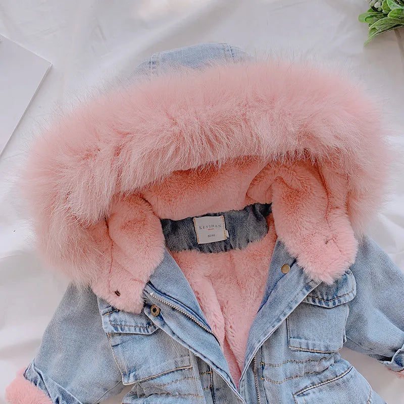 Girls denim coat with fixed hat and plus velvet lining, available in blue and pink, sizes 80cm to 120cm.