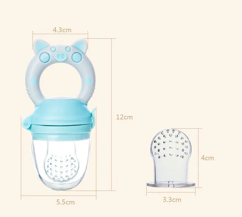 A blue silicone baby teether toy with three different textured mouthpieces for chewing.