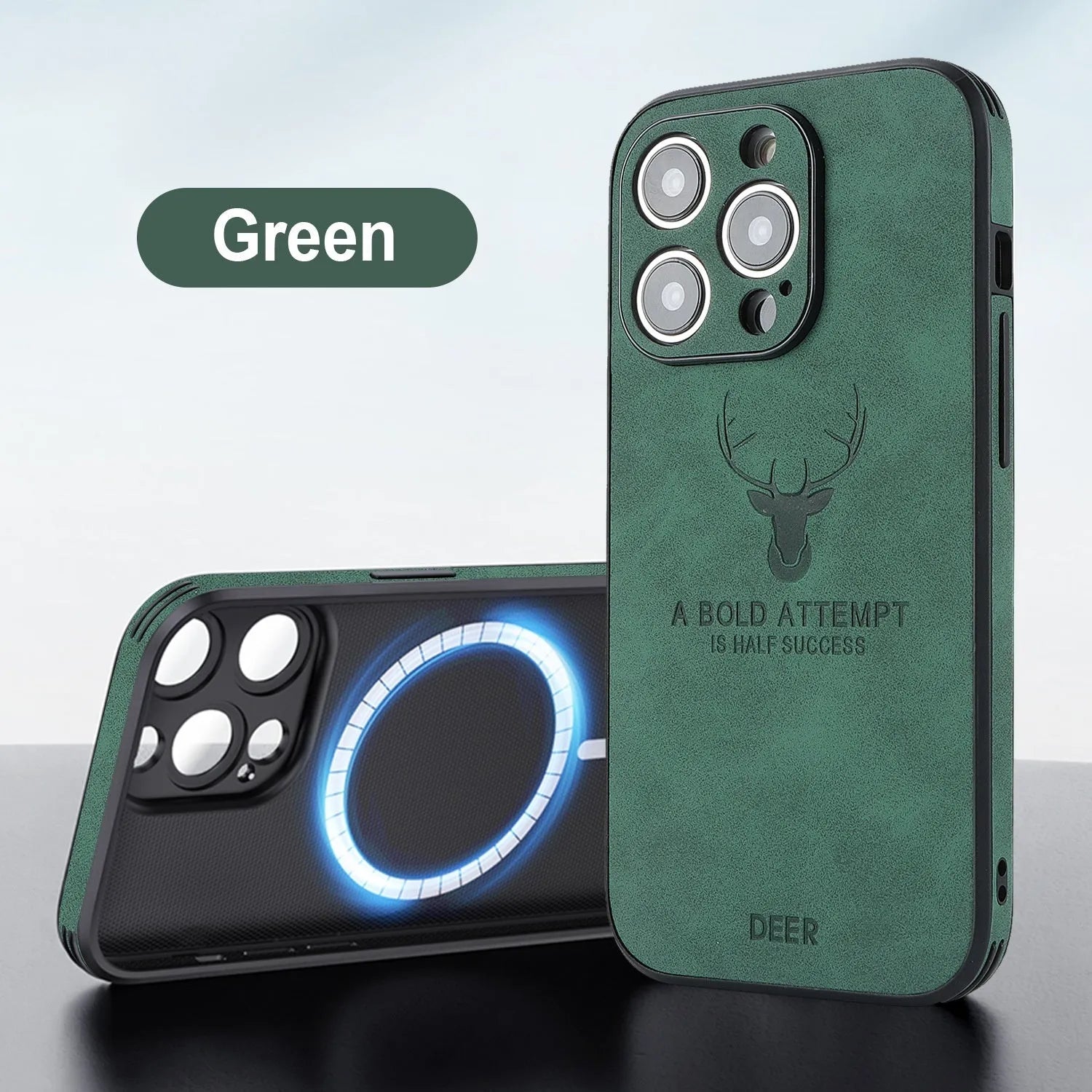iPhone 16 series imitation leather phone case with embossed moose head design showing magnetic charging compatibility