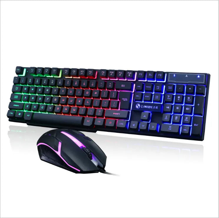 GTX300 wired gaming keyboard and mouse set on a desktop, showing backlit keys.
