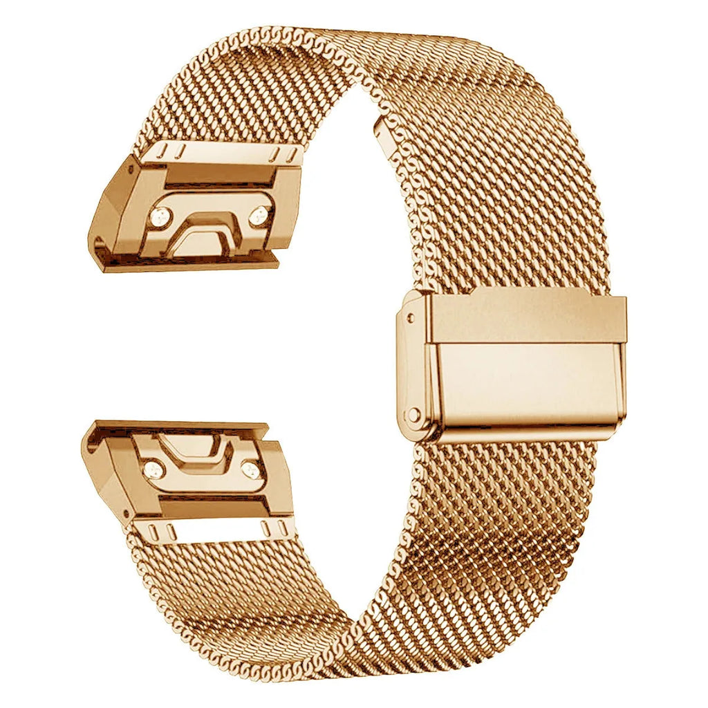 Stainless steel card strap for Garmin Fenix watches in silver, black, gold, and rose gold colours showing width options