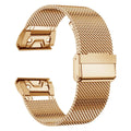 Stainless steel card strap for Garmin Fenix watches in silver, black, gold, and rose gold colours showing width options