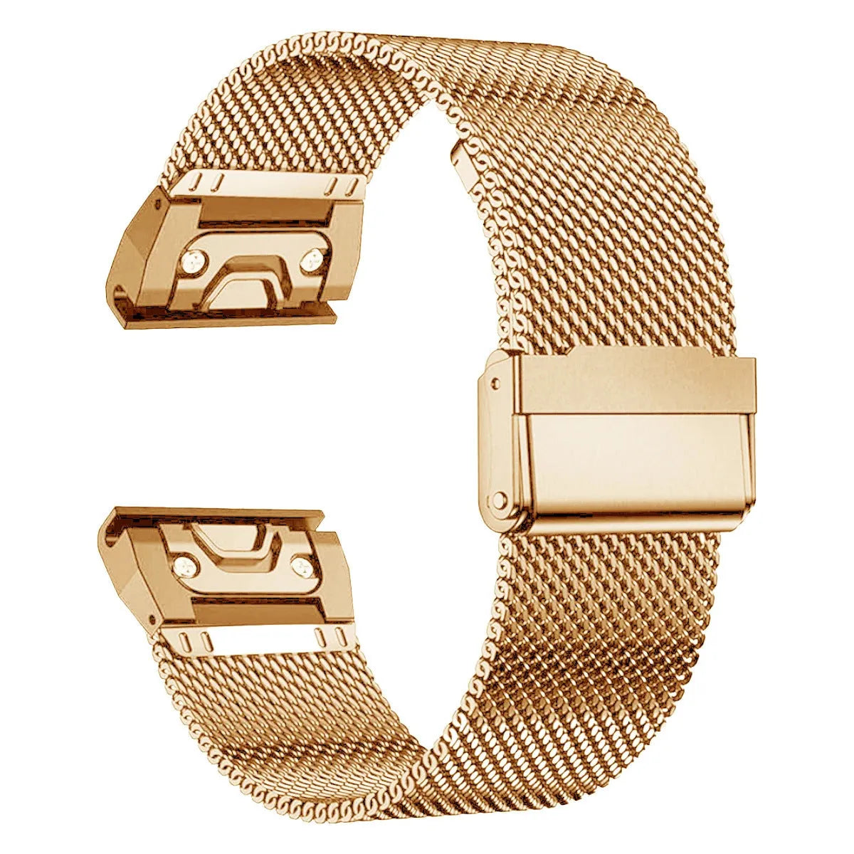 Stainless steel card strap for Garmin Fenix watches in silver, black, gold, and rose gold colours showing width options