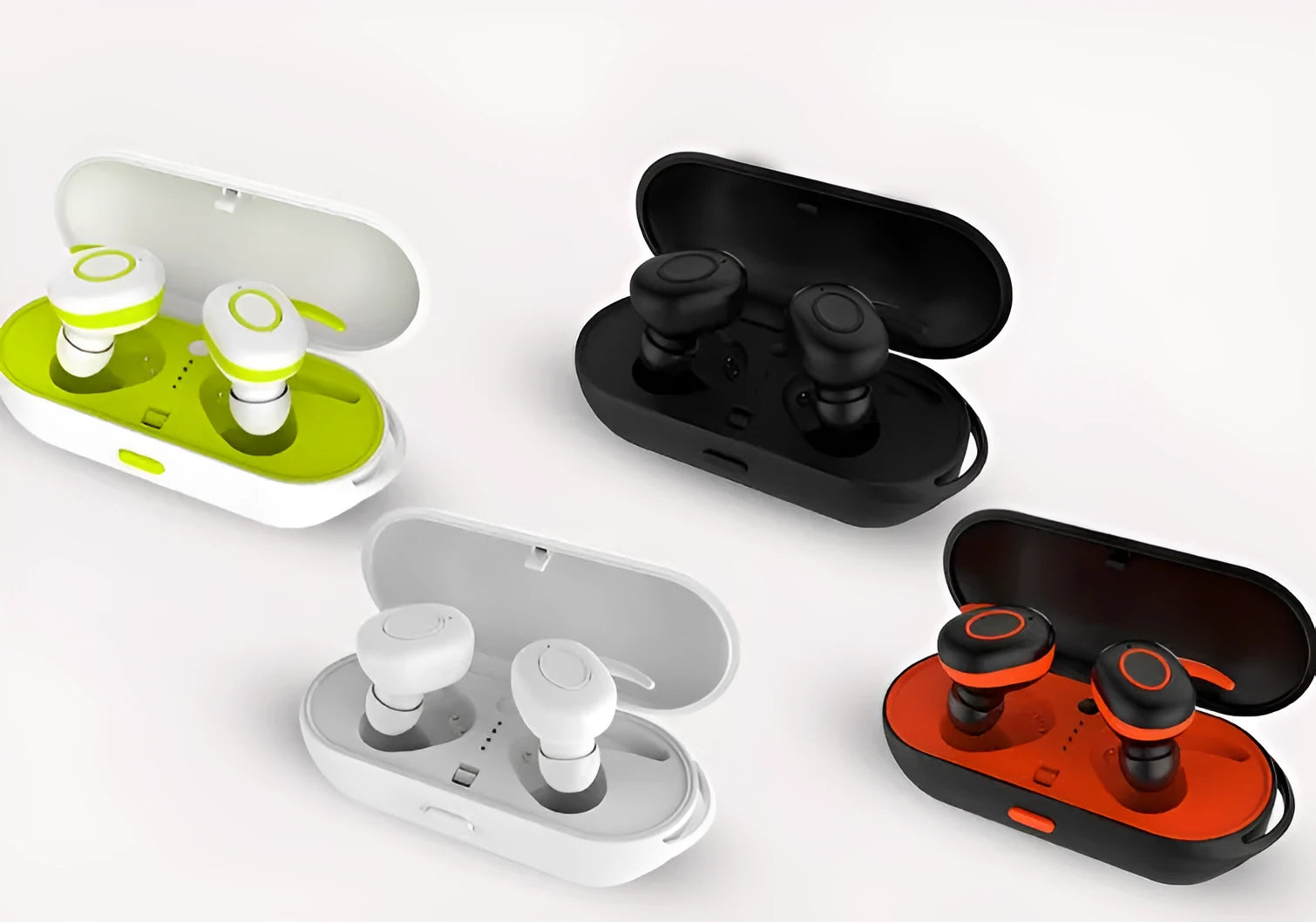 CSR Air TWS wireless Bluetooth earbuds in black, green, red, and white colours displayed on a surface.