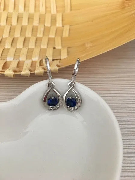 Copper water drop earrings with inlaid zircon, shown in white, yellow, red, purple, green, blue and pink