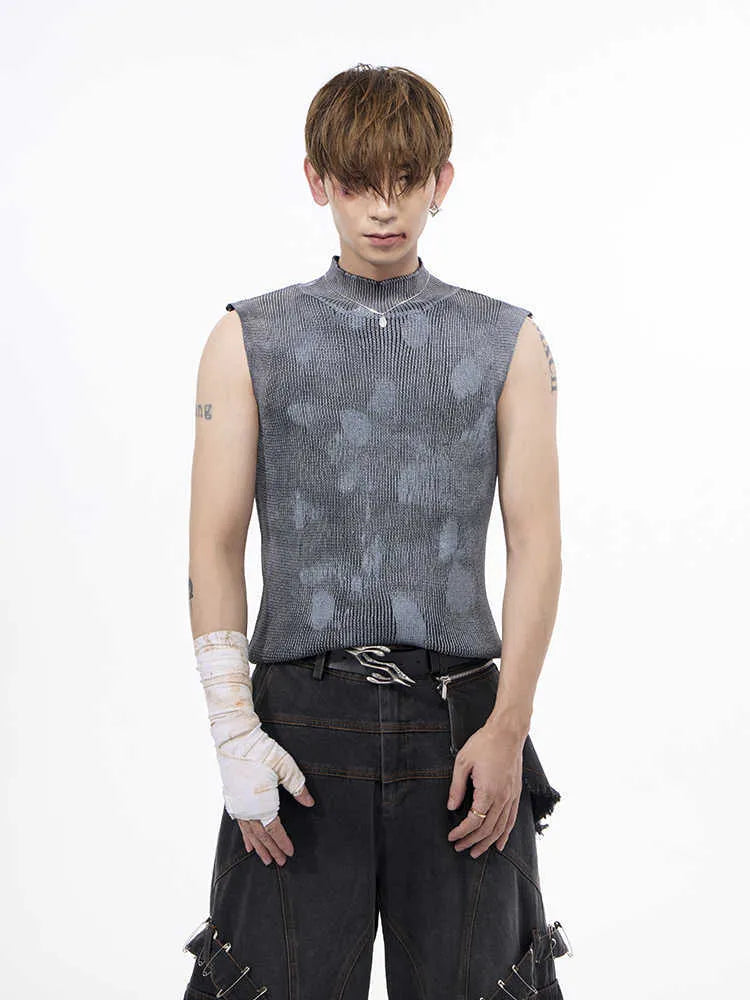 Men's black silver pastebrushing wool texture sleeveless vest with stand collar