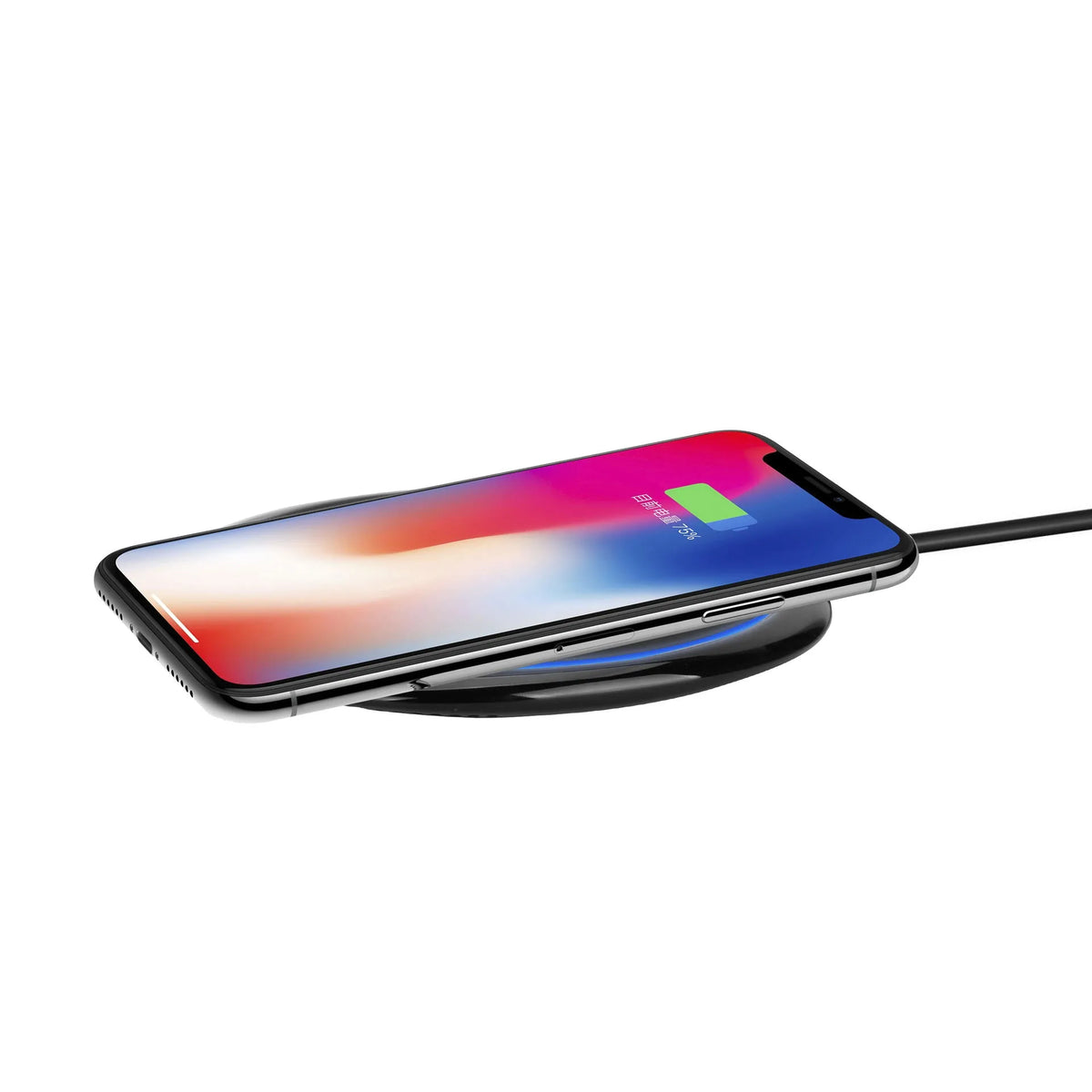 Black 15W fast wireless charger with glossy flat surface and indication function for Apple Huawei phones
