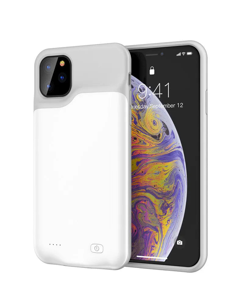 Black silicone iPhone battery charger case showing front and back, compatible with multiple iPhone models.